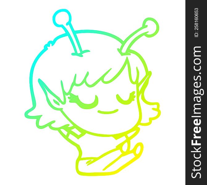 cold gradient line drawing of a smiling alien girl cartoon sitting