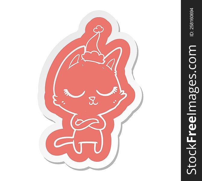 Calm Cartoon  Sticker Of A Cat Wearing Santa Hat