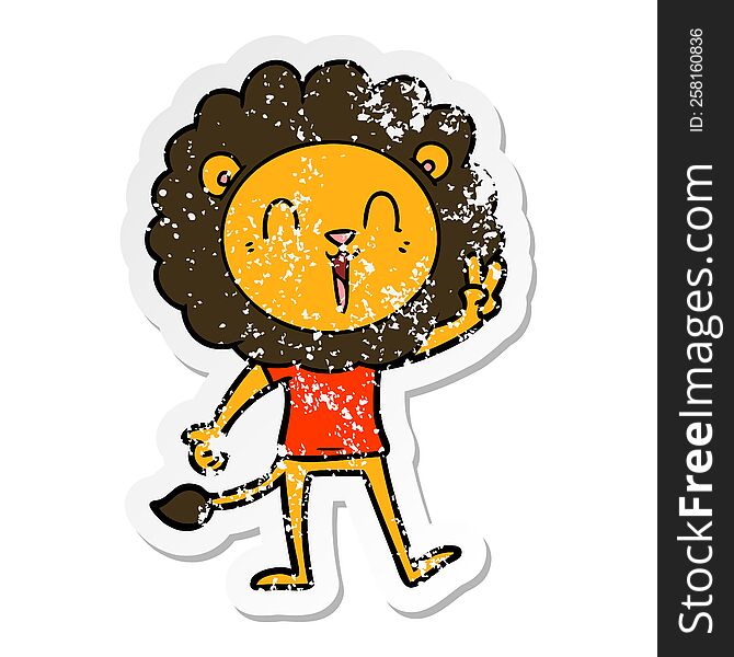 Distressed Sticker Of A Laughing Lion Giving Peace Sign