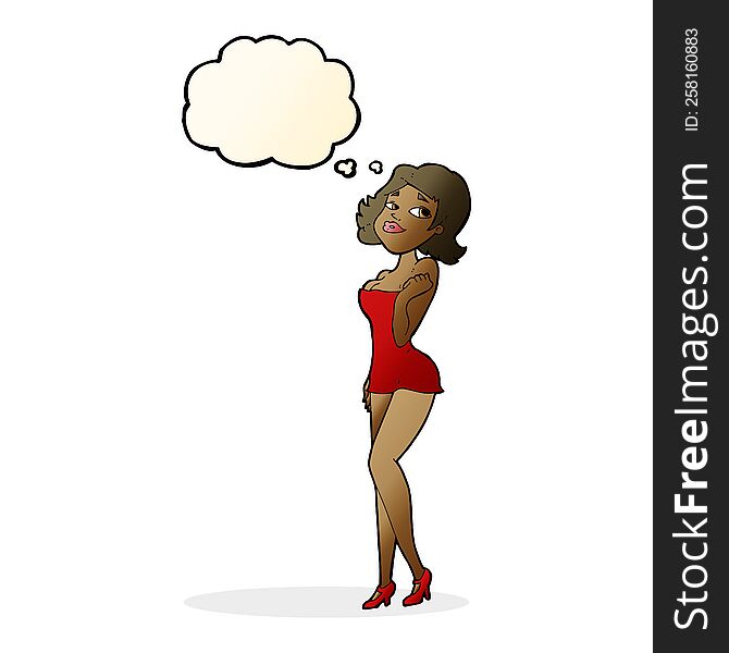 cartoon attractive woman in short dress with thought bubble