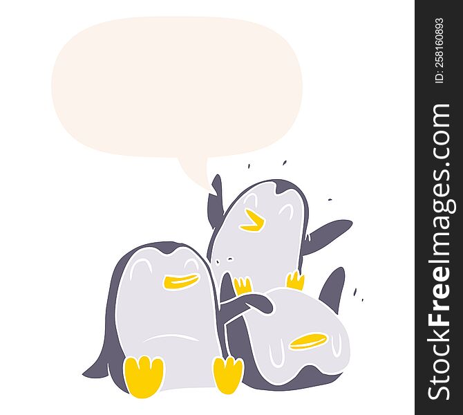 Cartoon Happy Penguins And Speech Bubble In Retro Style