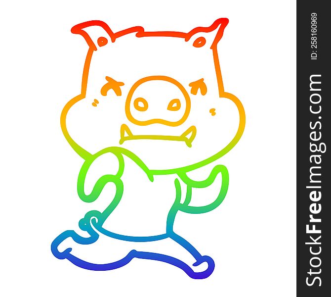 Rainbow Gradient Line Drawing Angry Cartoon Pig Running