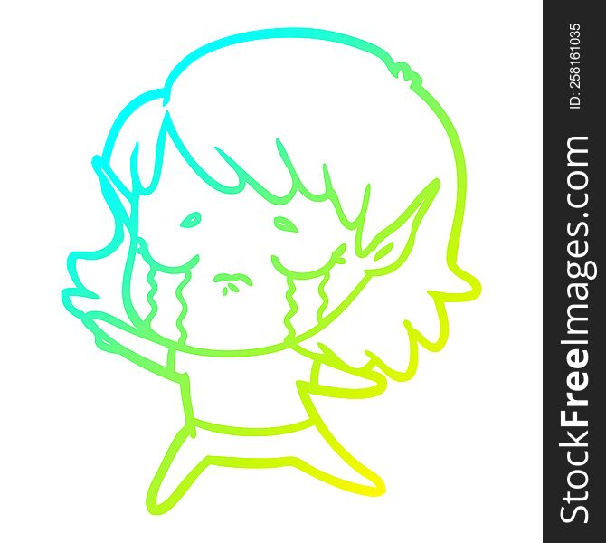 Cold Gradient Line Drawing Cartoon Crying Elf Girl
