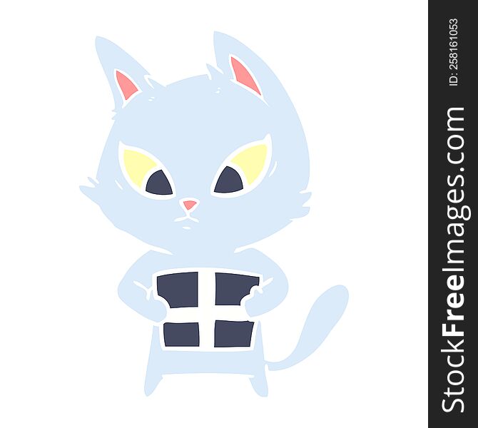 confused flat color style cartoon cat with gift