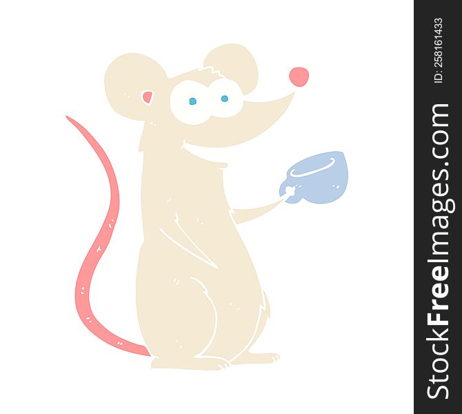 Flat Color Illustration Of A Cartoon Mouse With Cup Of Tea