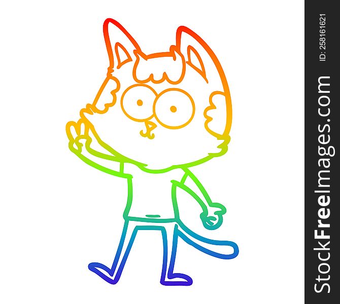 rainbow gradient line drawing of a happy cartoon cat giving peace sign