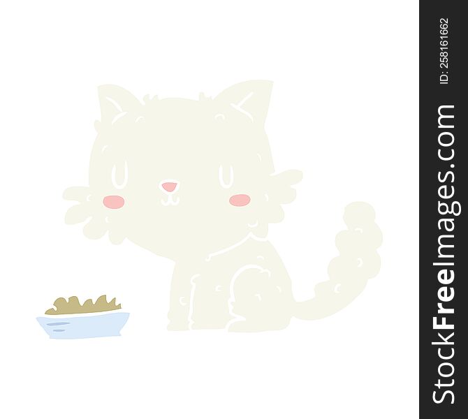 Cute Flat Color Style Cartoon Cat And Food