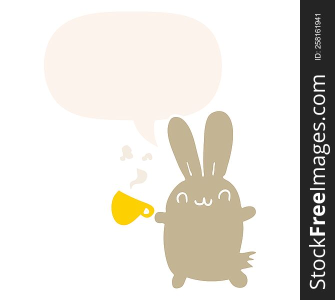 Cute Cartoon Rabbit Drinking Coffee And Speech Bubble In Retro Style