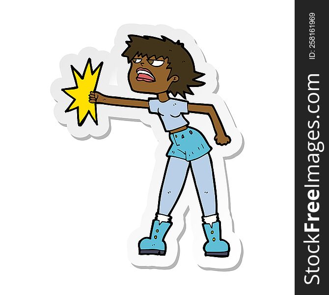 Sticker Of A Cartoon Woman Punching