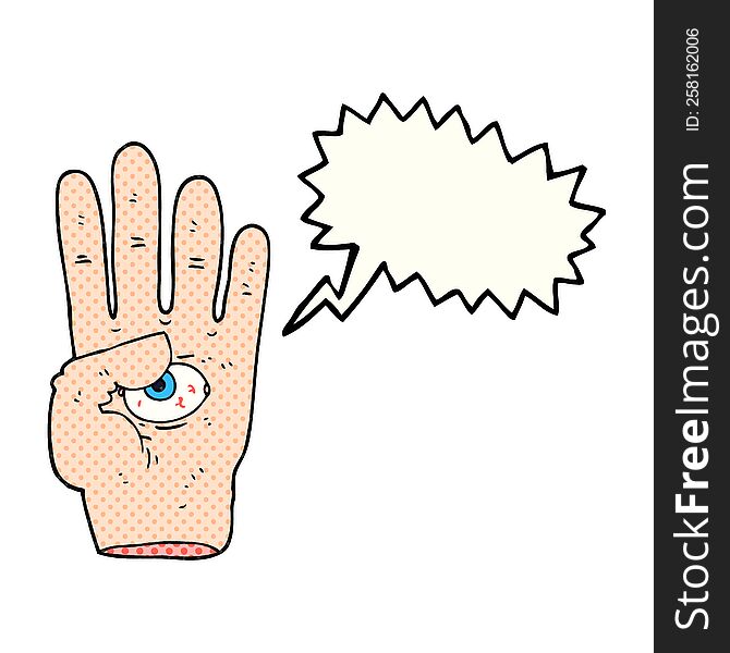 freehand drawn comic book speech bubble cartoon spooky hand with eyeball