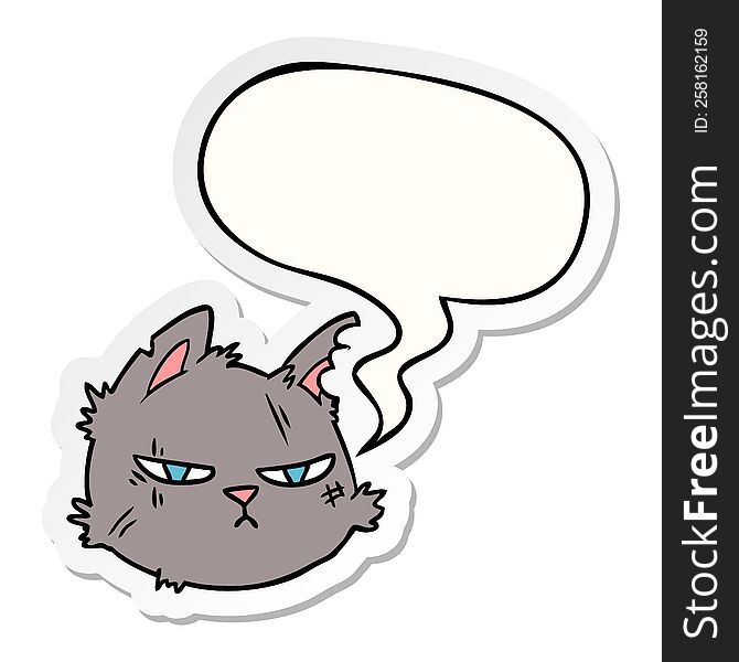 Cartoon Tough Cat Face And Speech Bubble Sticker