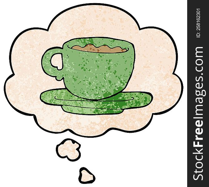 cartoon cup of tea with thought bubble in grunge texture style. cartoon cup of tea with thought bubble in grunge texture style