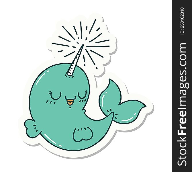 Sticker Of Tattoo Style Happy Narwhal