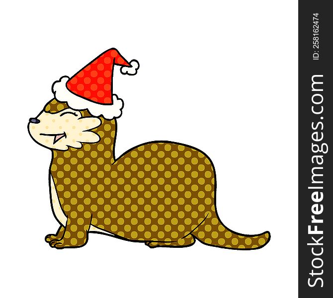 laughing otter hand drawn comic book style illustration of a wearing santa hat