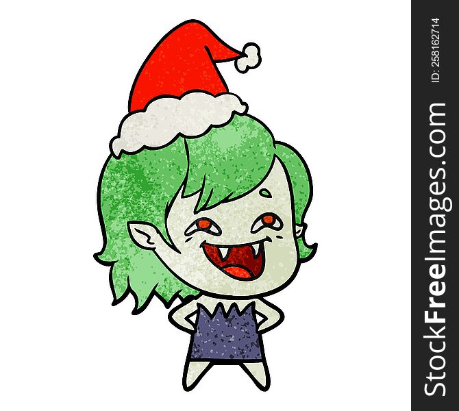 hand drawn textured cartoon of a laughing vampire girl wearing santa hat