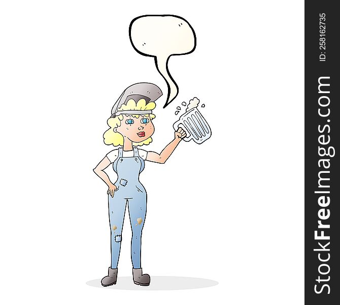 speech bubble cartoon hard working woman with beer