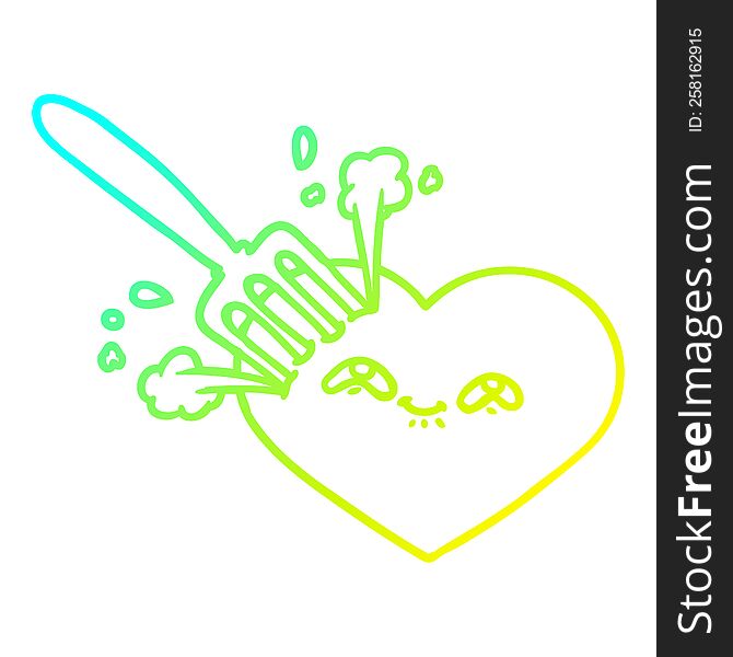 cold gradient line drawing of a cartoon love heart stuck with fork