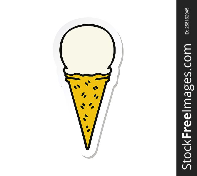 Sticker Of A Quirky Hand Drawn Cartoon Vanilla Ice Cream Cone