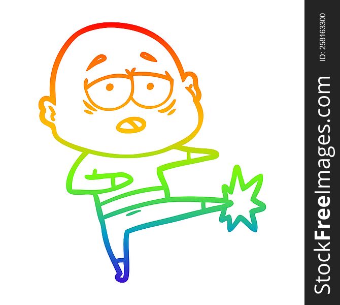 rainbow gradient line drawing of a cartoon tired bald man