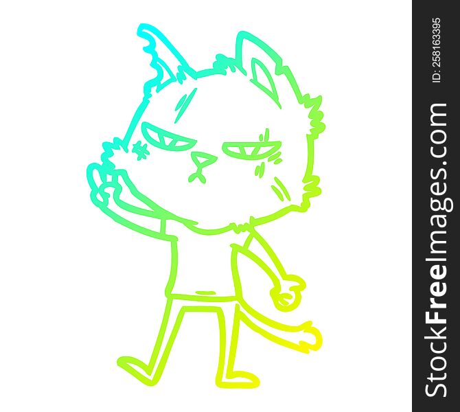 cold gradient line drawing of a tough cartoon cat giving victory sign