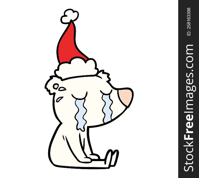 line drawing of a crying sitting polar bear wearing santa hat