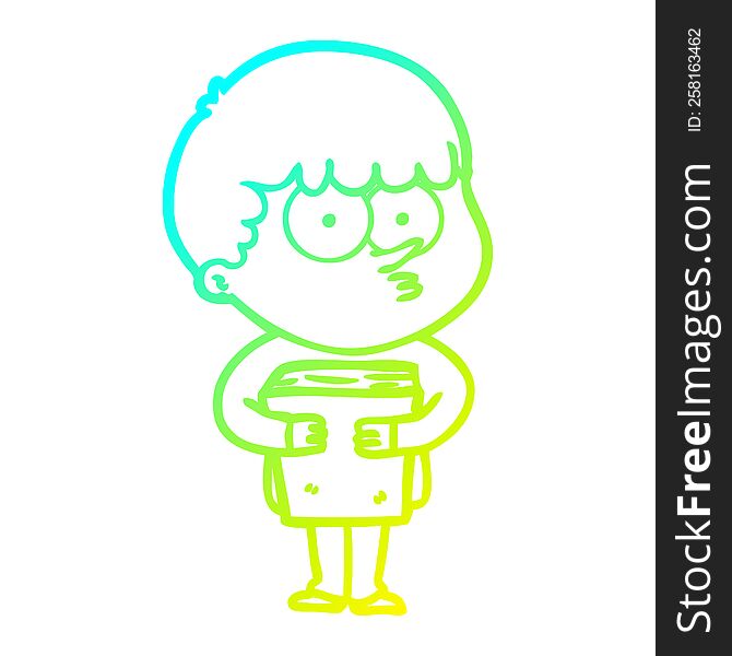 cold gradient line drawing of a cartoon curious boy holding a book