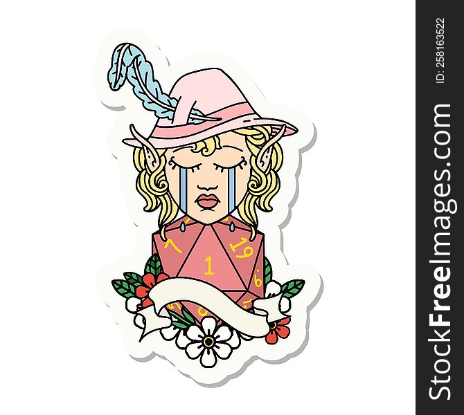 sticker of a crying elf bard character face with natural one. sticker of a crying elf bard character face with natural one