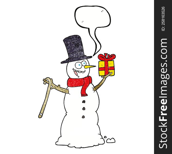 Speech Bubble Textured Cartoon Snowman Holding Present