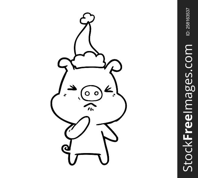 Line Drawing Of A Angry Pig Wearing Santa Hat