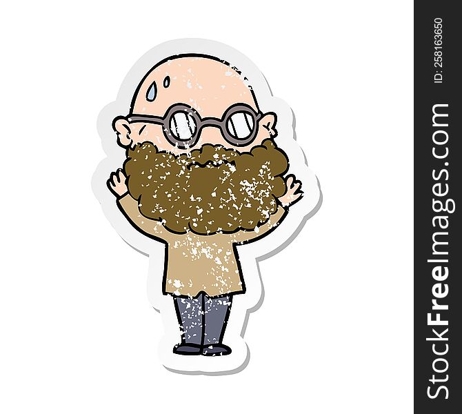distressed sticker of a cartoon worried man with beard and spectacles