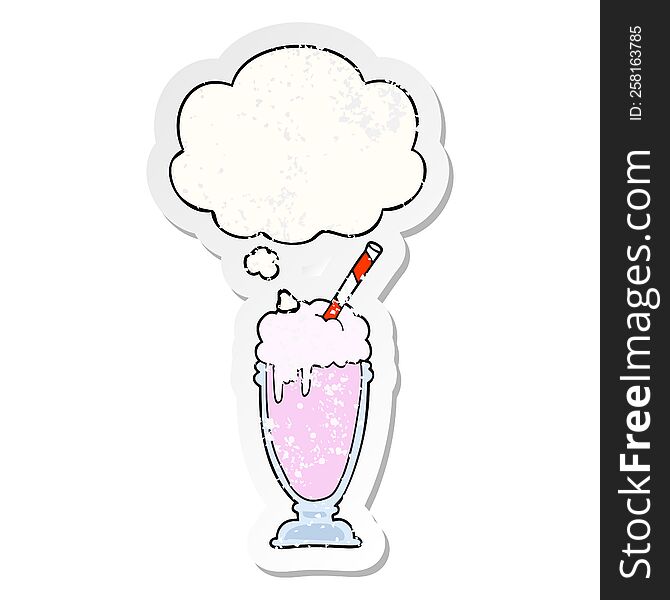 cartoon milkshake with thought bubble as a distressed worn sticker