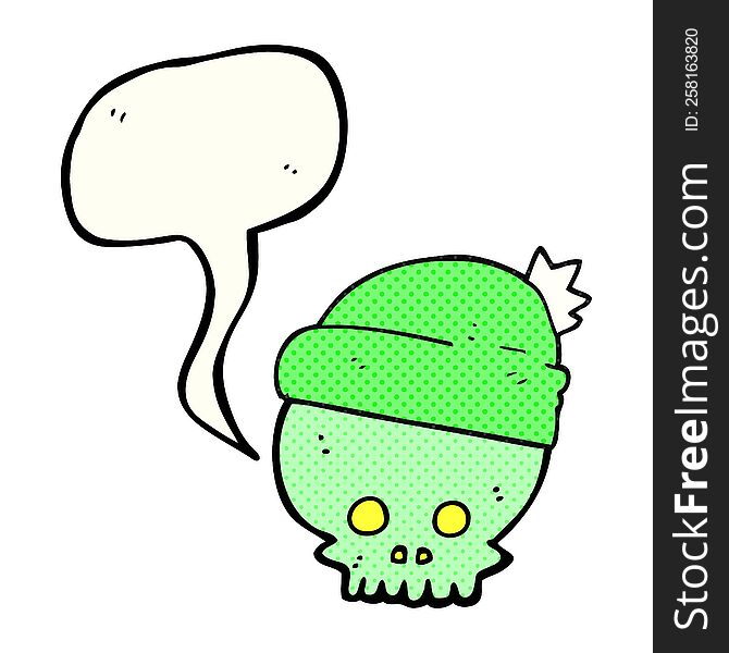 freehand drawn comic book speech bubble cartoon skull wearing hat