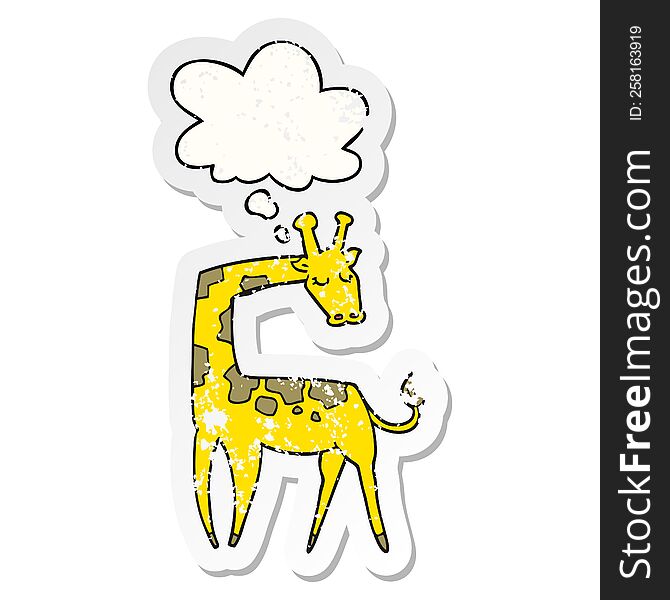 cartoon giraffe with thought bubble as a distressed worn sticker