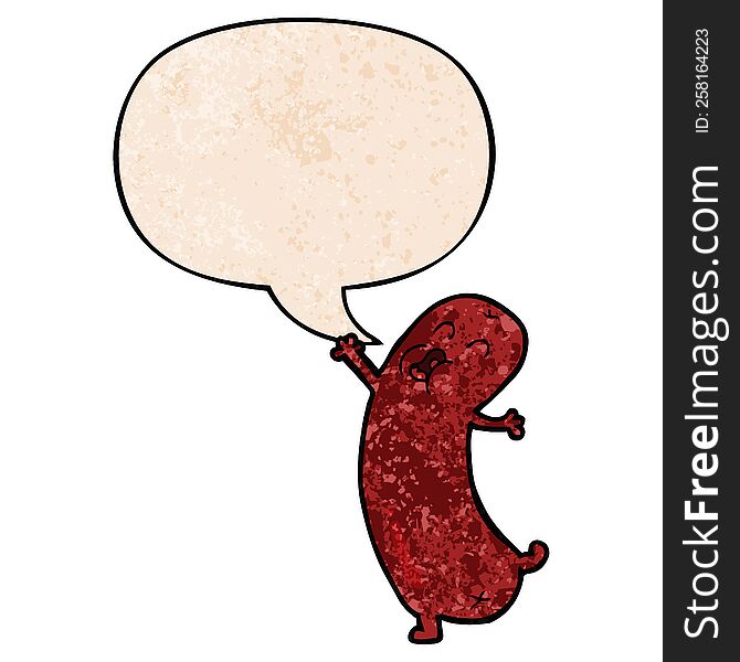 cartoon dancing sausage with speech bubble in retro texture style