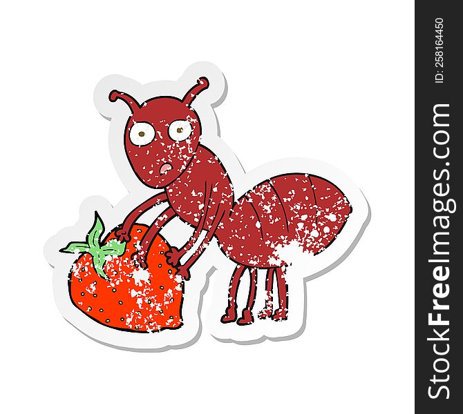 retro distressed sticker of a cartoon ant with berry