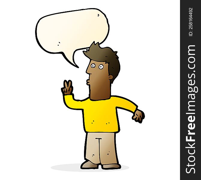 Cartoon Man Giving Peace Sign With Speech Bubble