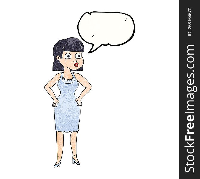 freehand speech bubble textured cartoon woman with hands on hips