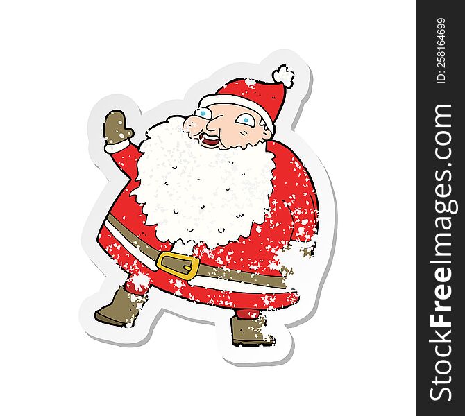 Retro Distressed Sticker Of A Funny Waving Santa Claus Cartoon