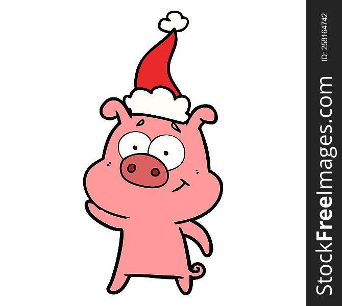 happy hand drawn line drawing of a pig wearing santa hat. happy hand drawn line drawing of a pig wearing santa hat