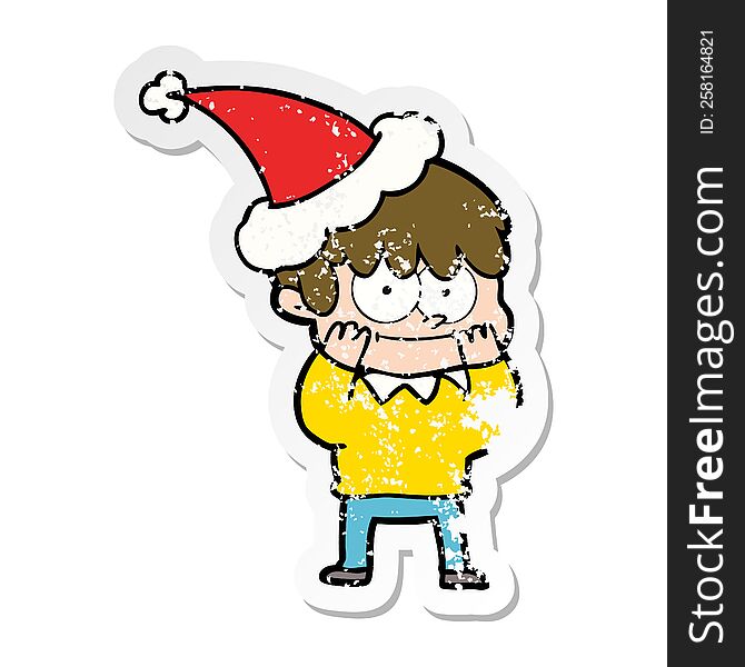happy hand drawn distressed sticker cartoon of a man wearing santa hat. happy hand drawn distressed sticker cartoon of a man wearing santa hat