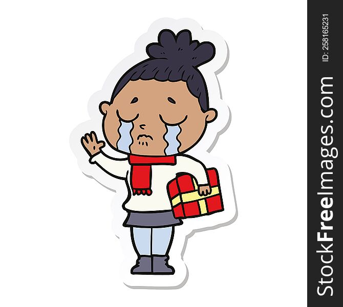 sticker of a cartoon crying woman with christmas gift