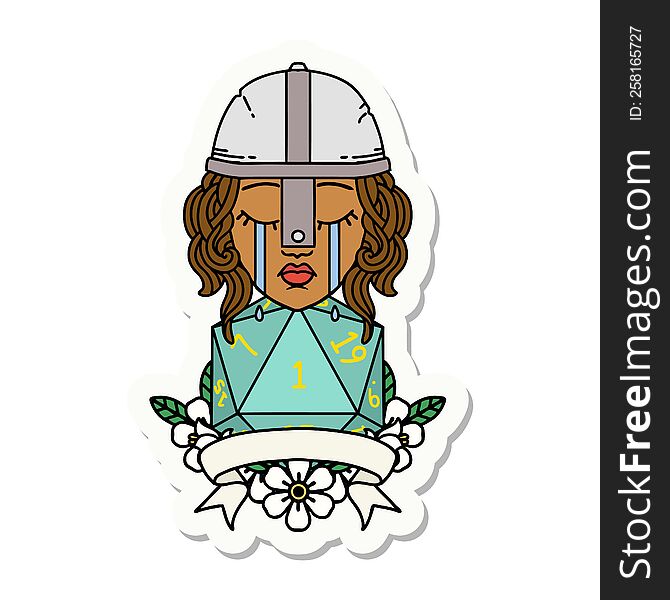 sticker of a crying human fighter with natural one D20 dice. sticker of a crying human fighter with natural one D20 dice