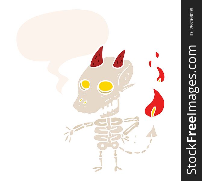 cartoon spooky skeleton demon with speech bubble in retro style