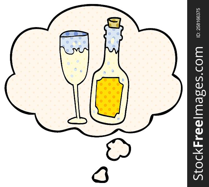 cartoon champagne bottle and glass with thought bubble in comic book style