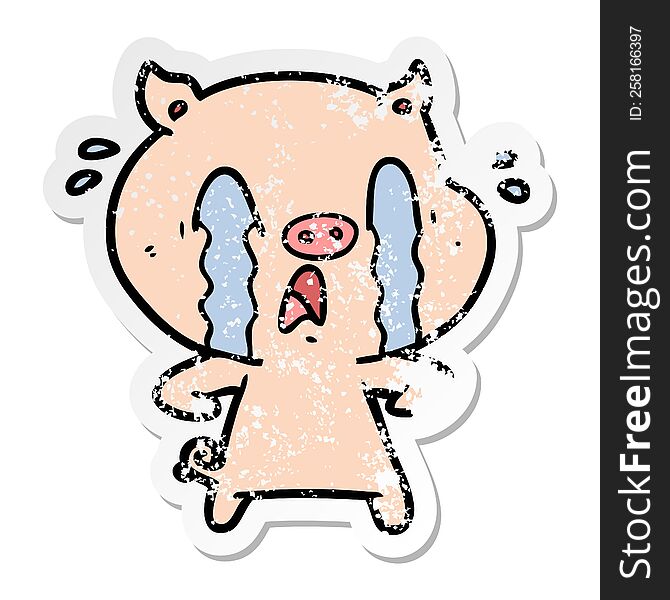 Distressed Sticker Of A Crying Pig Cartoon