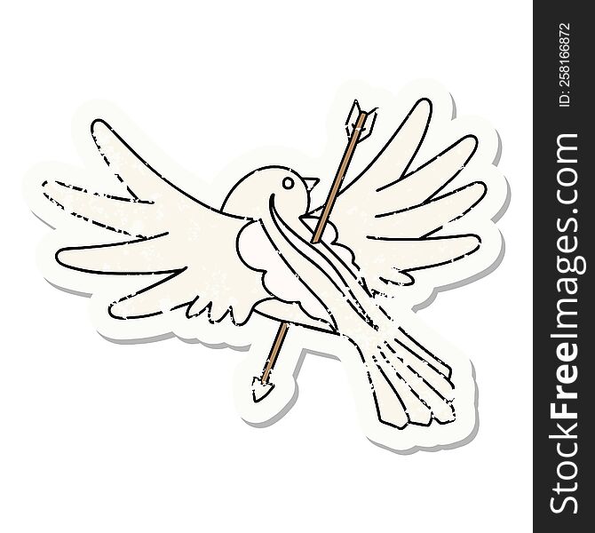 Traditional Distressed Sticker Tattoo Of A Dove Pierced With Arrow