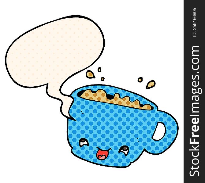 cartoon cup of coffee with speech bubble in comic book style