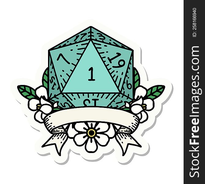 natural one d20 dice roll sticker