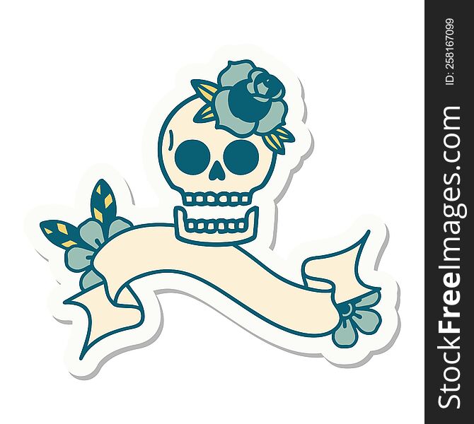 Tattoo Sticker With Banner Of A Skull And Rose