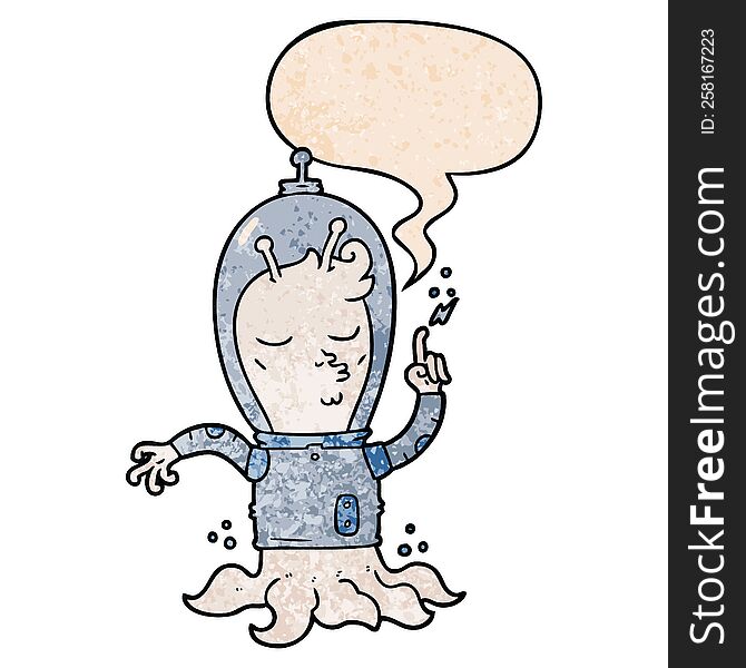 cartoon alien with speech bubble in retro texture style